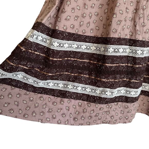 Vintage Boho Dress Prairie Style Brown Floral Print Button Ruffle Trim Size XS - Picture 5 of 8